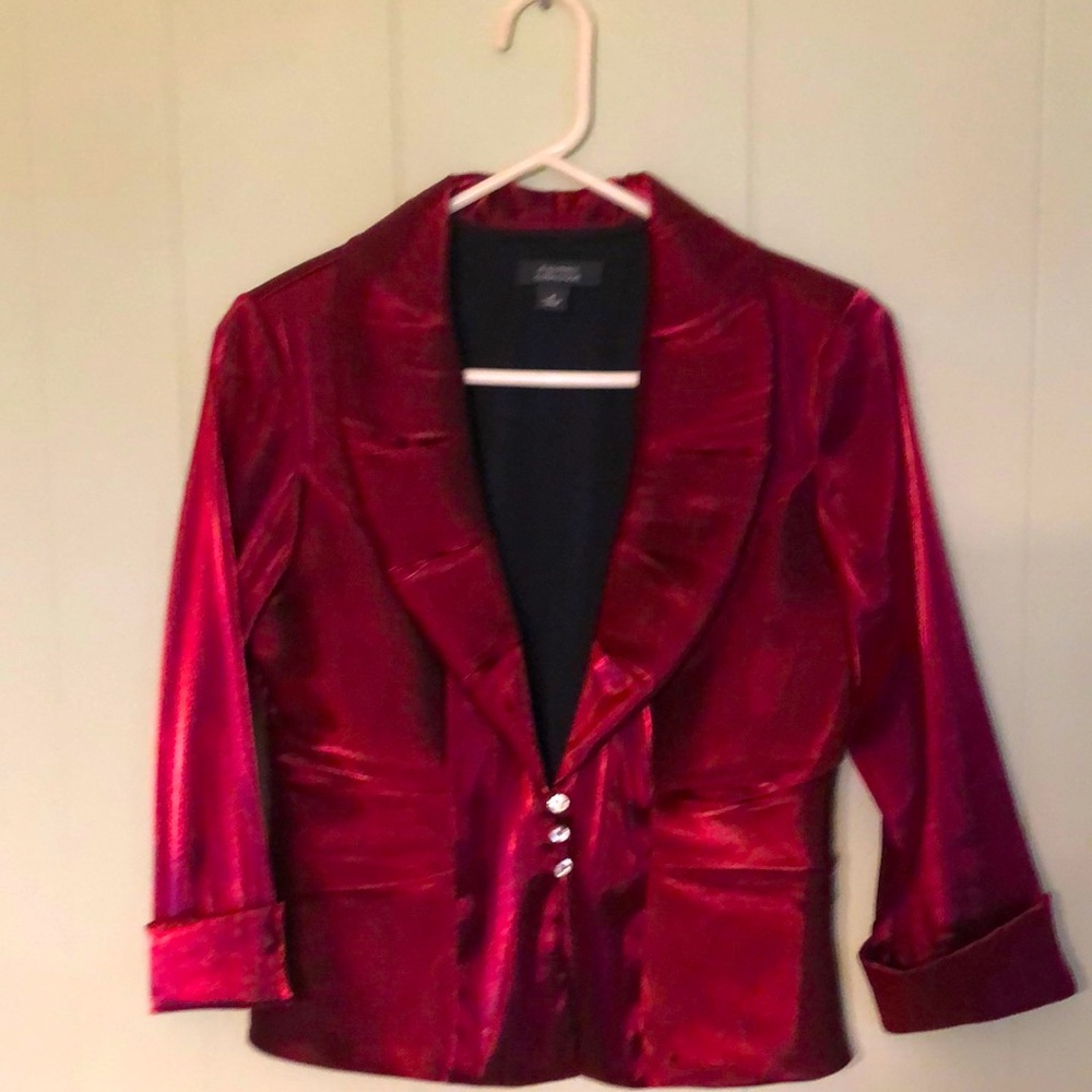Metallic maroon, dressy blazer.